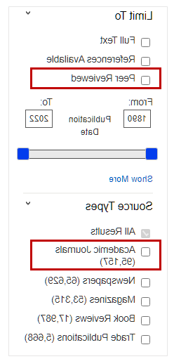 Peer reviewed and Academic Journal limiters in 专文 showing a list of check boxes with focus on limiting to peer reviewed articles and gathering from academic journal sources.